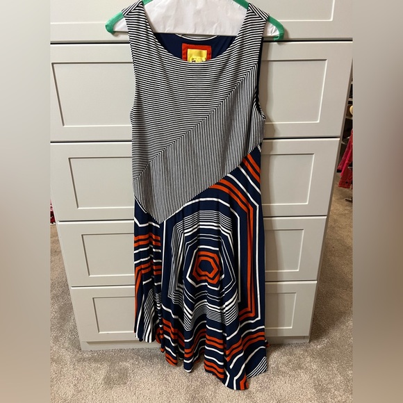 Maeve sleeveless asymmetrical dress with geometric print in Navy/Orange. - Picture 2 of 3